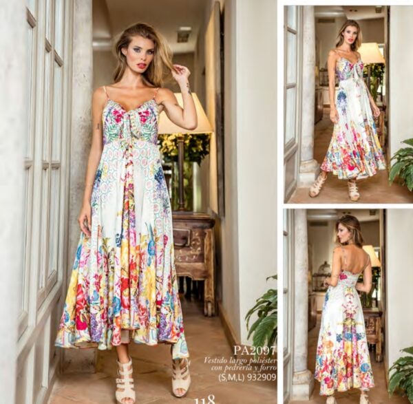 Vestido largo de tirantes estampado ENCANDILATA. Modelo 2097. Tallas S M L XL.