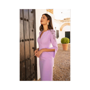 Vestido largo midi con detalles de pedrería en hombros Sara Ruiz. Modelo 34021. Tallas 44y 46.