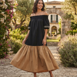 Vestido largo con hombros descubiertos YES ZEE. Modelo A459/EL00/637. Tallas S M y L.