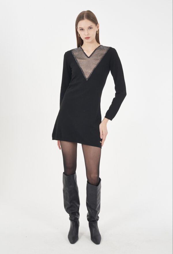 Vestido de punto con detalles de brillo y transparencia en escote YES ZEE. Tallas S M L. - Imagen 4