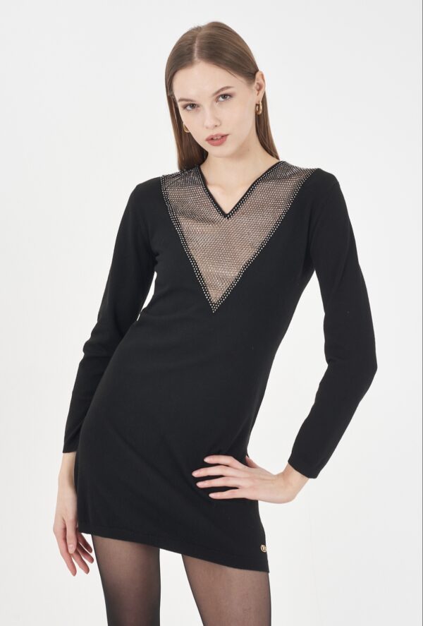 Vestido de punto con detalles de brillo y transparencia en escote YES ZEE. Tallas S M L. - Imagen 2