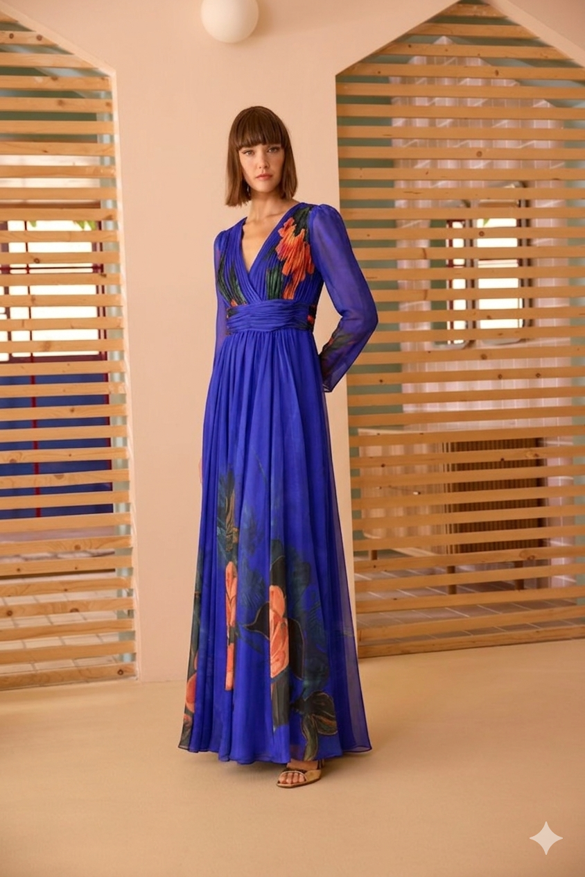 Vestido largo de fiesta CARLA RUIZ. Disponible en color AZULON. Modelo 52701. Tallas 44 y 46.