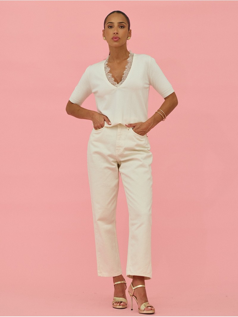 Suéter de punto fino con encaje SCRIPTA. Modelo 260235. Tallas en blanco S M y L. Tallas en negro M L XL.