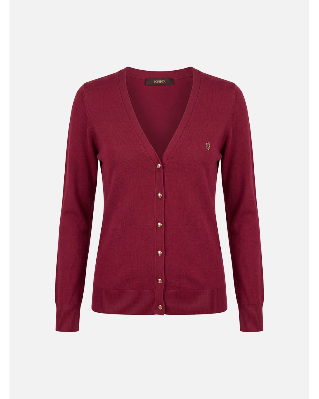 Chaqueta de punto cuello V con logo metálico SCRIPTA. Modelo 265173. Tallas M L XL. Color granate. - Imagen 4